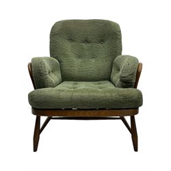 Ercol - mid-20th century three-piece suite, comprising two-seater sofa, upholstered in green fabric with teak frame, on splayed supports with stretcher (W142cm, D95cm, H87cm); with matching pair of armchairs (W82cm, D95cm, H87cm)