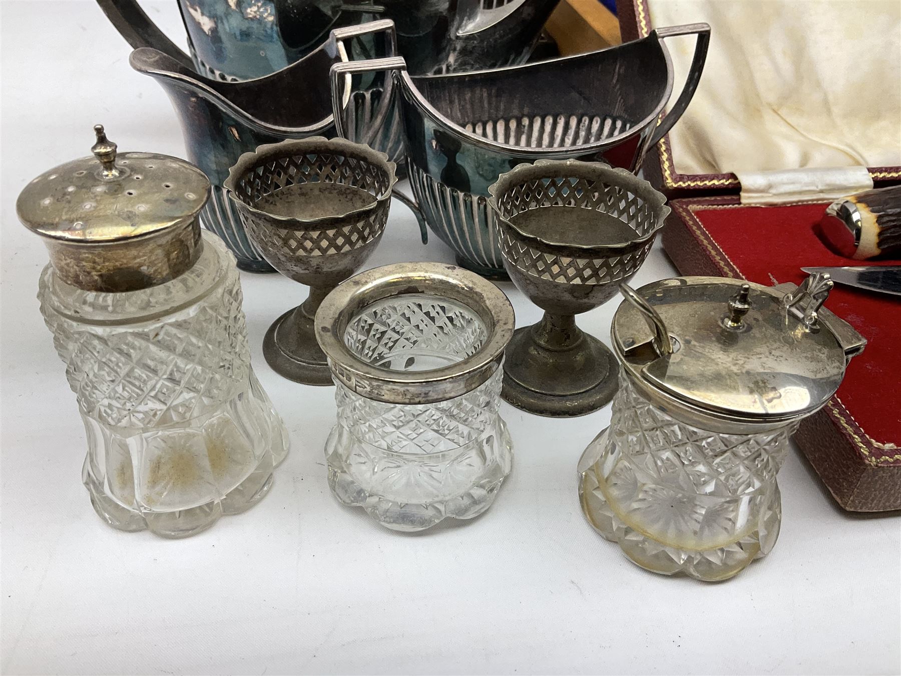 Silver mounted glass cruet set, Hallmark Walker & Hall, together with silver plate cased canteen, tea set etc