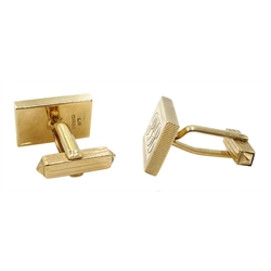  Pair of 9ct gold cufflinks, engine turned decoration and engraved with initials 'PLB', Birmingham 1976, retailed by Carmichaels of Hull, boxed  