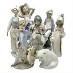 Seven Lladro figures, to include Boy with Yacht no 4810, Shepard Boy no 5485, Sunday's Child no 6023, Dutch Girl no 4860 and three others, largest H27cm 