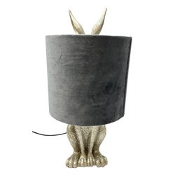 Composite table lamp, modelled as a silver hare with gray velvet shade