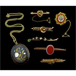 Six Victorian and early 20th century gold brooches including seed pearl heart, peridot, micro mosaic and agate and a gold pietra dura flower pendant, with glazed hair back, on gold-plated necklace chain