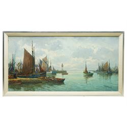 Yves Madec (Continental 20th century): Fishing Boats Moored in Harbour, oil on canvas signed 50cm x 99cm