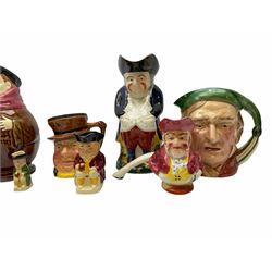 Character and toby jugs, including a staffordshire pottery style toby jug, Olfaire toby jug, Beswick character jug depicting Scrooge, Royal Doulton Veteral Motorist etc, together with Royal Doulton Sweet Dreams figure. 