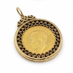 King George V 1912 gold full sovereign coin, loose mounted in a 9ct gold pierced design locket pendant, hallmarked