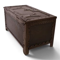 Late 19th/early 20th century vernacular iron box, the hinged cover and sides with applied strapwork decoration, the cover with applied church motif, H11.5cm W22cm D12cm