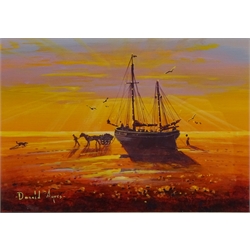  Unloading on the Beach at Sunset, pair acrylic signed by Donald Ayres (British 1936-) 12cm x 17cm (2)  