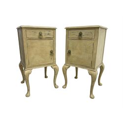 Pair of mid-20th century cream painted bedside cabinets, rectangular top over single drawer and cupboard, on cabriole supports