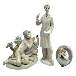 Three Lladro figures, comprising Teacher no 4801, Student Flute Player no 4837 and Vowel O no 5148, all with original boxes, largest example H38cm
