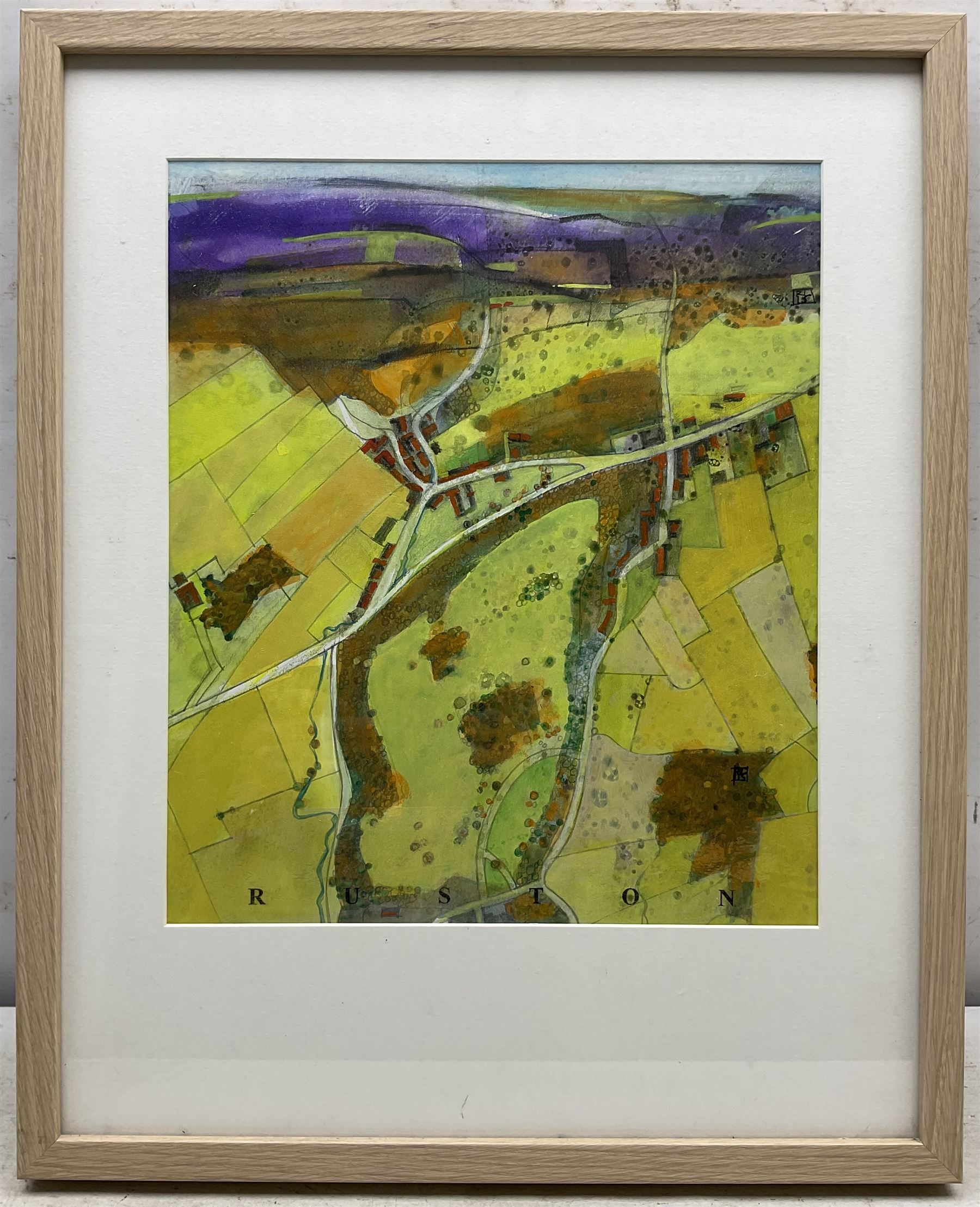 Russell Lumb (British 1946-): 'Ruston' near Scarborough, mixed media semi-abstract map titled signed with monogram and dated '15, artist's address label verso 34cm x 29cm