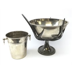 Large stainless steel punch bowl on antler moulded support, H39cm x L41cm and stainless steel wine cooler   