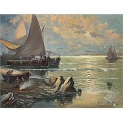 Manuel Tejero (Spanish 19th/20th century): Fishing Boats at Sunset with Campfire on the Shoreline, oil on canvas signed and dated 1937, 65cm x 85cm (unframed)