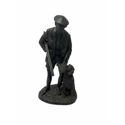 Bronzed figure of a man with a shotgun and a dog, impressed W Elphick 1979, H23cm