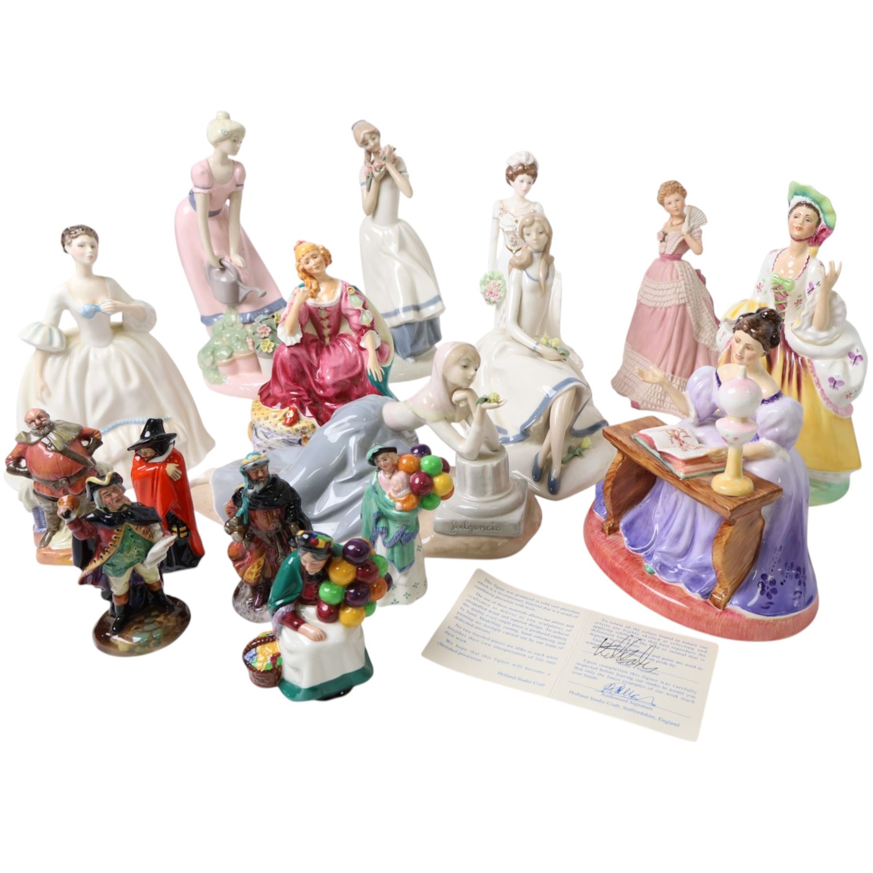 Collection of Royal Doulton figures, including miniatures The Balloon Seller HN2130, The Old  Balloon Seller HN2129, Good King Wenceslas etc, together with a Coalport figure and others 
