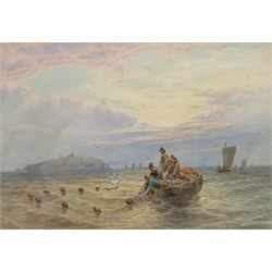 John MacPherson (British fl.1858-1891): Hauling the Nets off Inchkeith Scotland, watercolour signed 17cm x 25cm