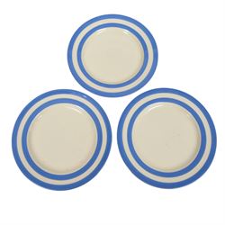 TG Green T.G. Green Cloverleaf blue and white striped pattern Cornishware, six dinner plates and nine side plates, together with a similar covered sucrier 