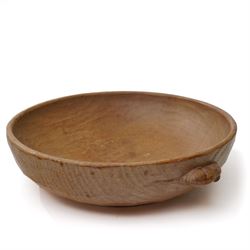 Mouseman - adzed oak circular bowl with carved mouse signature D25cm from the workshop of ...
