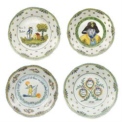 Set of four French Nevers style revolutionary faience plates, the first painted with a por...