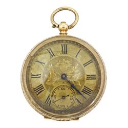 19th century 14ct gold key wound cylinder pocket watch, gilt dial with Roman numerals, stamped 14c