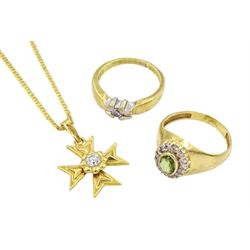 Two 18ct gold paste stone set rings and a 9ct gold cubic zirconia Maltese cross pendant necklace