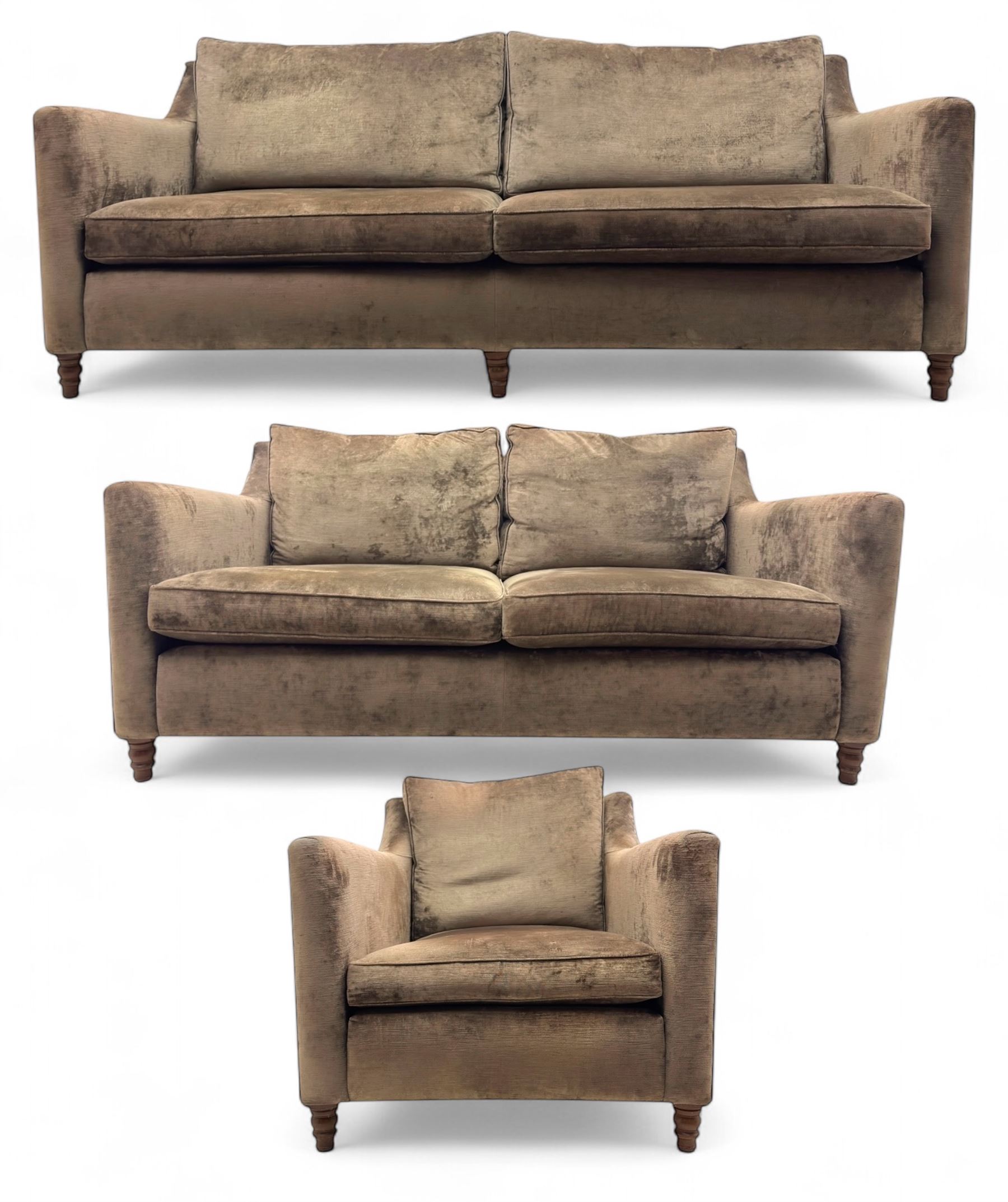 Duresta - three piece 'Finsbury' lounge suite comprising one three-seat sofa, a two-seat sofa and armchair, upholstered in mink coloured velvet, with box seat cushions and deep seat over tapered arms on short stained bun feet (Three seat H 80cm, W 207cm, D105cm, two seat H80cm, W168cm, D105cm, armchair H80cm, W89cm, D105cm)    