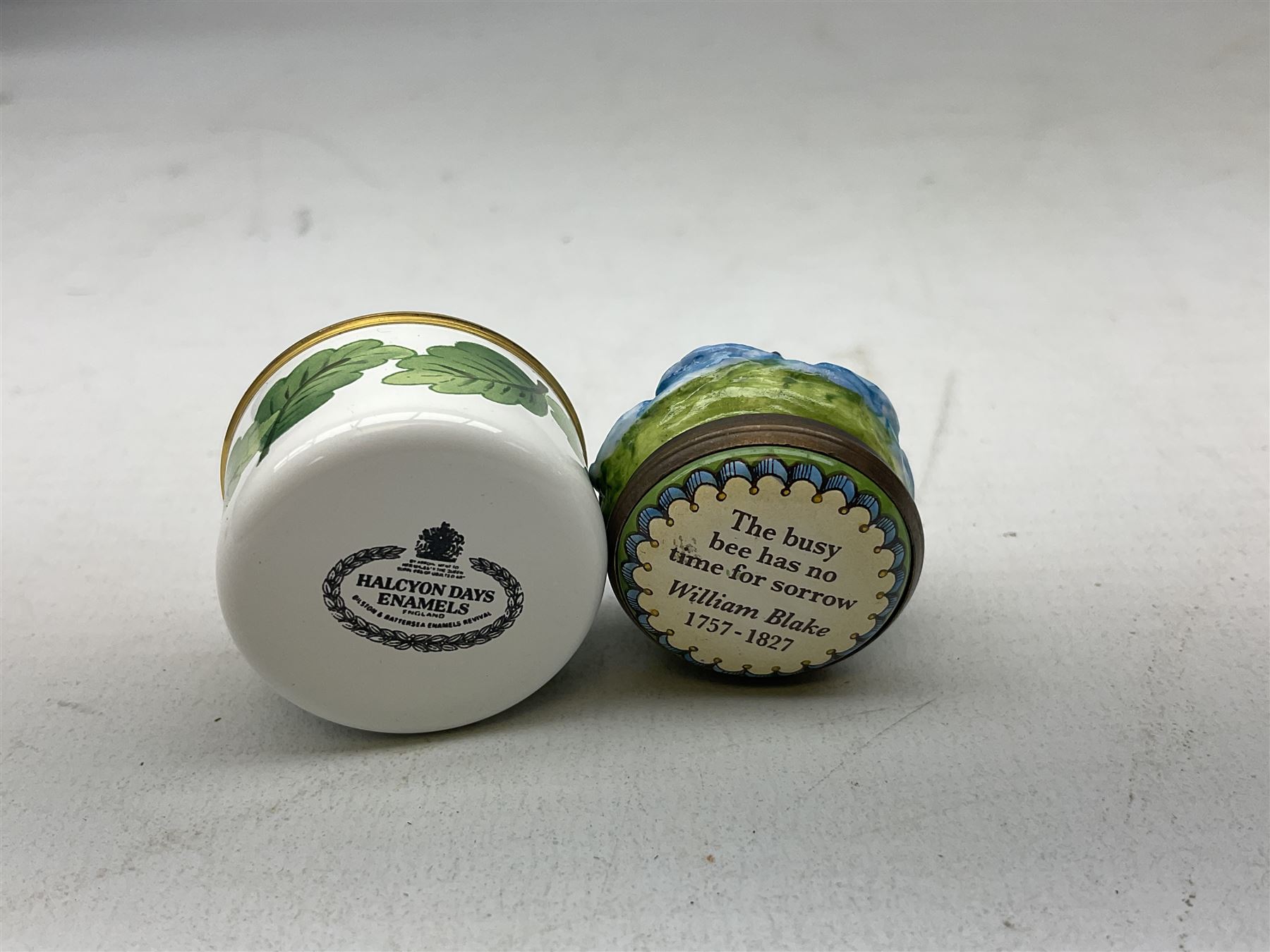 Two Halcyon Days enamel bonbonnieres modelled as mice, I am a magical mouse, and ''Consider the little mouse, how sagacious an animal it is...' Roman Playwright', together with three Halcyon Days enamel boxes, modelled as a bee upon a flower, a ladybird upon a leaf, and a strawberry, each in fitted box, (5)