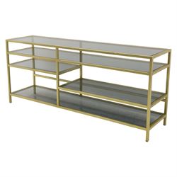 Modern glass and gilt metal media stand, rectangular smoked glass top panel set within a gilt finished metal surround, raised on square section legs, the underside fitted with a full-width glass shelf