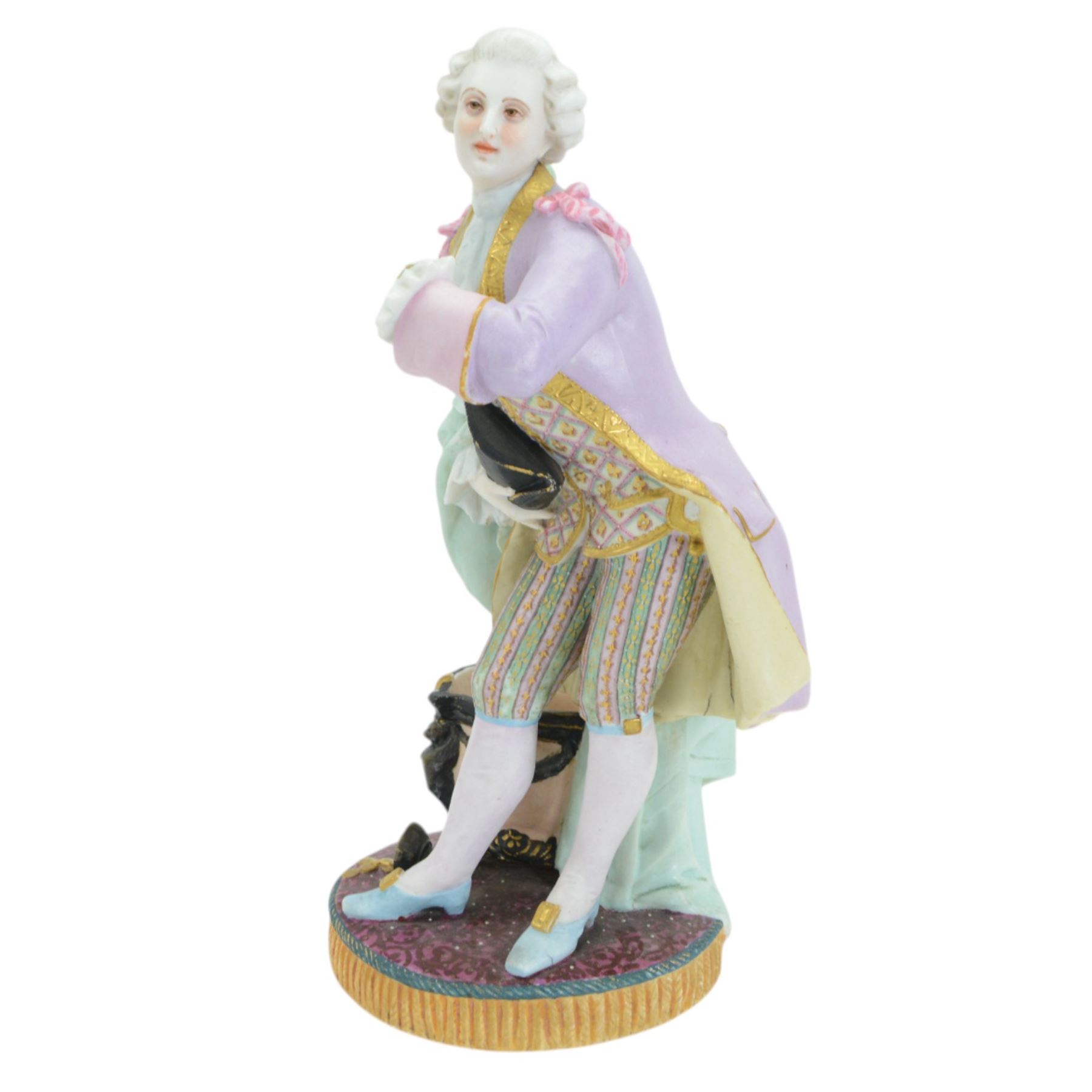 Pair of late 19th century French Letu & Mauger bisque figures, modelled as a gallant and his companion, with impressed marks beneath, H35.5cm, together with a 19th century French mantle vase, in the manner of Jacob Petit, the vase of cornucopia form painted with rose sprays and heightened with gilt, mounted with the figure of a trumpet player, upon a naturalistically modelled base mounted with a recumbent goat, H35cm