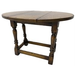 Small 17th century design oak occasional table, oval drop-leaf top with swivel action, raised on turned supports united by box stretcher