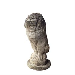 Four weathered cast stone lions in seated poses