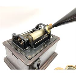 Edison Standard Phonograph with oak base (no cover), the reproducer marked 'Model C', serial no. 634857, last patent date Oct.1905, with black japanned conical horn L33cm; together with five cylinders