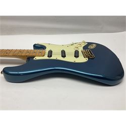 Fender Stratocaster style electric guitar in metallic blue with Rio Grande pick-ups and Fender back-plate L98cm; in Fender soft carrying case