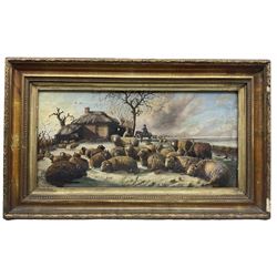 Circle of Cornelius Van Leemputten (Belgian 1841-1902): Sheep Resting in a Winter Landscape, oil on canvas indistinctly signed 29cm x 59cm