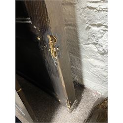 17th century style oak 4' four poster bed, high panelled back with projecting canopy cornice and panelled roof, turned posts with panelled front