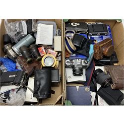 Vintage and later cameras and acessories including Yashica FX-D quartz with Yashica 'ML 50mm 1:2' lens, Kershaw eight-20 Penguin folding camera, 
 box cameras etc, various lenses including Tokina SD '70-210mm 1:4-5.6' etc and other camera related items, all untested, in two boxes