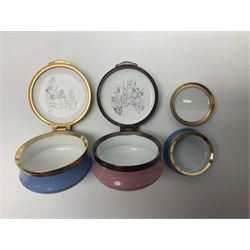 Five Royal Doulton Beatrix Potter figures, comprising Poppy Eyebright, Clover, Lord Woodmouse, Mr Apple and Dusty Dogwood, together with Beswick Appley Dapply figure and three Crummles Beatrix Potter enamel pill boxes