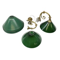 Pair of wall lights with green glass shades, together with three green metal light shades, metal shades D37cm 