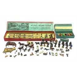 Hornby '0' gauge - Dinky No.3 Passenger Set of six figures, boxed; fourteen similar loose figures and tin-plate bench; and Britains Model Home Farm box containing over fifty farm animals, figures and fences etc