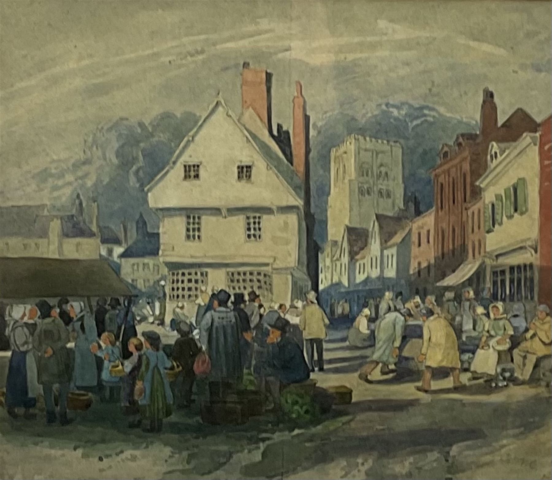 Marjorie Holland (British early 20th century): 'Interior of an Old Barn - Little Norton', watercolour signed, titled verso 30cm x 20cm; English School (early 20th century): Street Scene, watercolour unsigned 36cm x 23cm; Continental School (19th/20th century): 19th Century Market Scene, watercolour signed with initials JMC 17cm x 19cm (3)