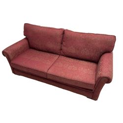 Pair large two seat sofas, upholstered in claret fabric with repeating foliate pattern - 3 years old