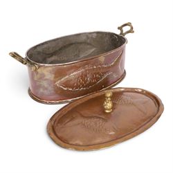 Copper twined handled poaching dish, decorated with fish to the sides and lid, H16cm