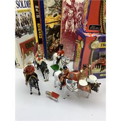 Britains - four Trooping the Colour sets 40109, 40110, 40112 & 40113; The Duke of Wellington with 95th Rifleman No.41160; and 8819 Lancer figure from the 16th Queens Lancers; all mint and boxed; together with a quantity of unboxed figures etc; and collection of books and magazines on model soldiers