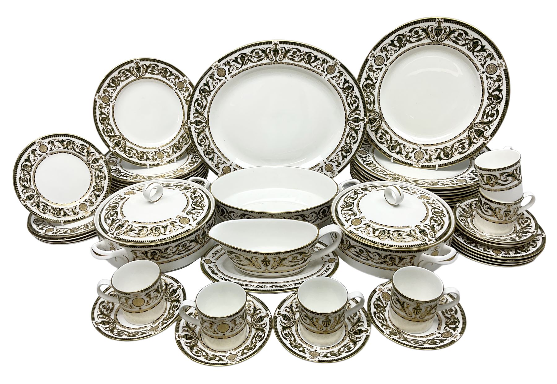 Royal Worcester Windsor pattern part tea and dinner service, comprising nine dinner plates, nine side plates, nine dessert plates, six coffee cans and saucers, sauce boat and plate, two covered tureens, oval dish and serving platter (35)