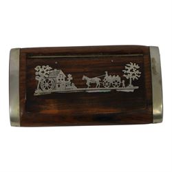 19th century pressed horn snuff box, of oblong form, the hinged tortoiseshell veneered cover with inlaid white metal stag hunting scene, L7cm, together with a 19th century rose wood example, probably french, with silver plated mounts, the inset hinged cover inlaid with a scene depicting a horse drawn cart before a mill, L7.5cm