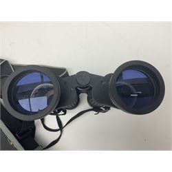 Yukon rubber armoured compact variable power spotting scope (boxed), together with Bresser 10x50 binoculars, Bushnell Excursion 10x42 binoculars, camera equipment etc  