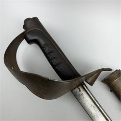 Italian 1871 pattern Cavalry Trooper's sword with unmarked 90cm slightly curved pipe-back blade, pierced steel bowl hilt, wooden grip carved with various numbers and chequered backstrap, in steel scabbard with single suspension ring L111cm overall