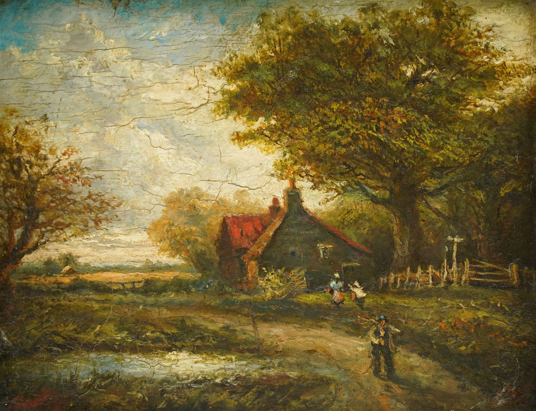 Circle of John Crome (Norwich School 1768-1821): Figures Gathering Firewood by Rural Cottage, oil on panel unsigned 23cm x 29cm