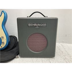 Richwood electric bass guitar in blue, cream and natural finish L117cm; in Fender soft carrying case; together with Behringer Thunderbird Bx108 amplifier date code 0 4 11.