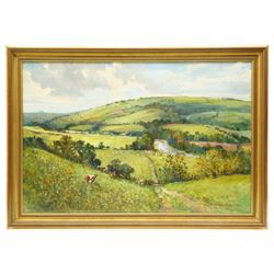 John Barrie Haste (British 1931-2011): Near Harrogate with Armscliffe Crag to the Distance and the River Wharfe, oil on board signed 50cm x 75