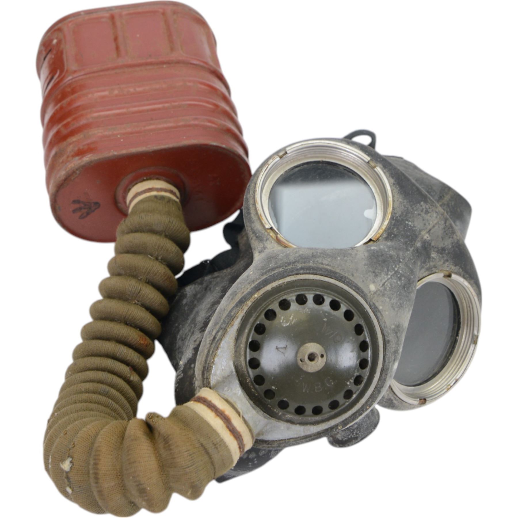 Two gas masks, together with a green tin helmet, cased within a wooden box with hinged lid 